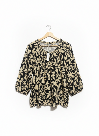 SUZANNEGRAE|L/XL|BUST 23|BLACK AND BEIGE FLORAL BLOUSE