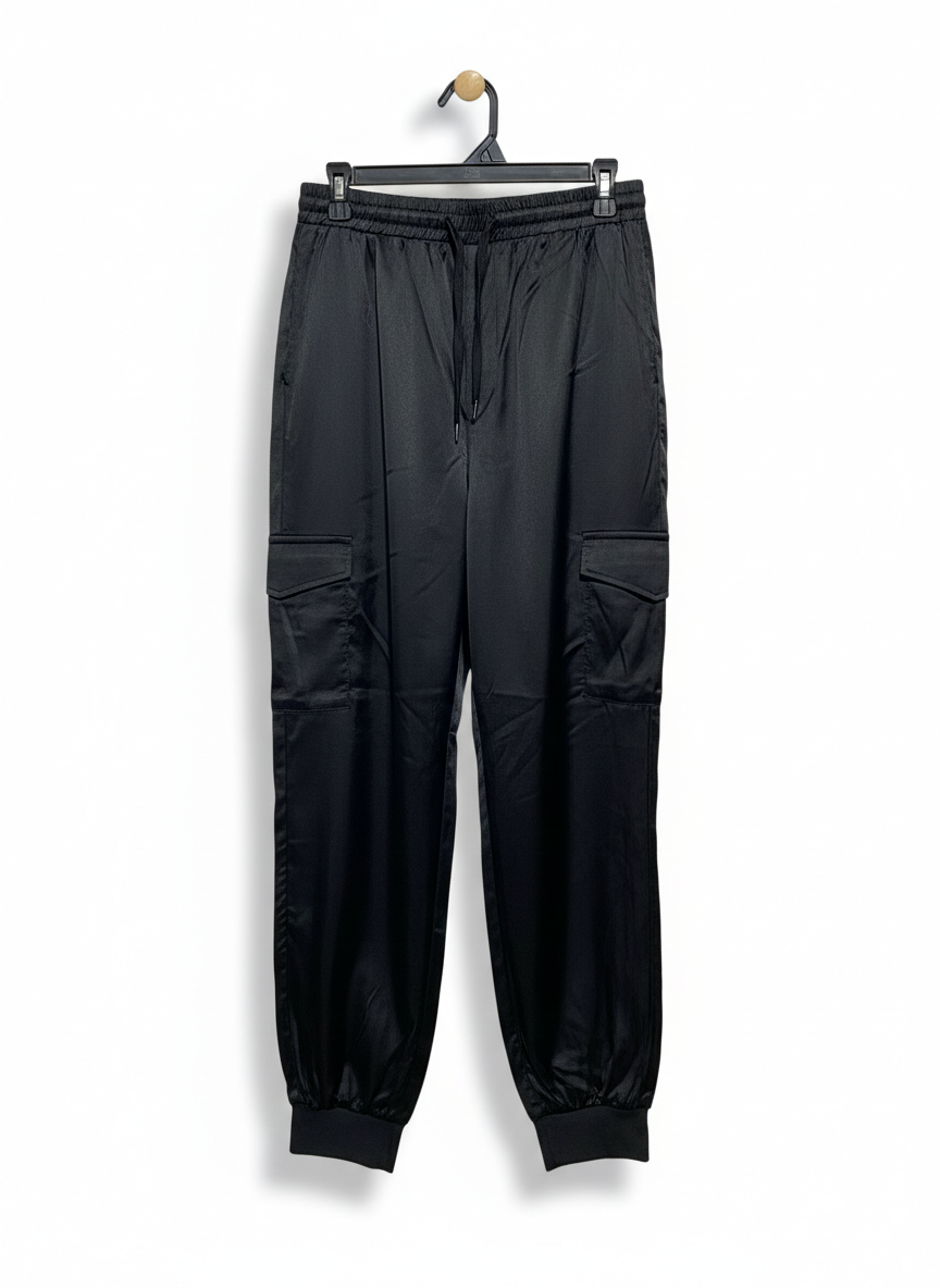 SHEIN |L| WAIST 29| BLACK SATIN CARGO JOGGERS WITH ELASTIC DRAWSTRING WAIST