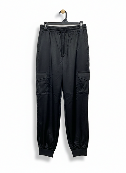 SHEIN |L| WAIST 29| BLACK SATIN CARGO JOGGERS WITH ELASTIC DRAWSTRING WAIST