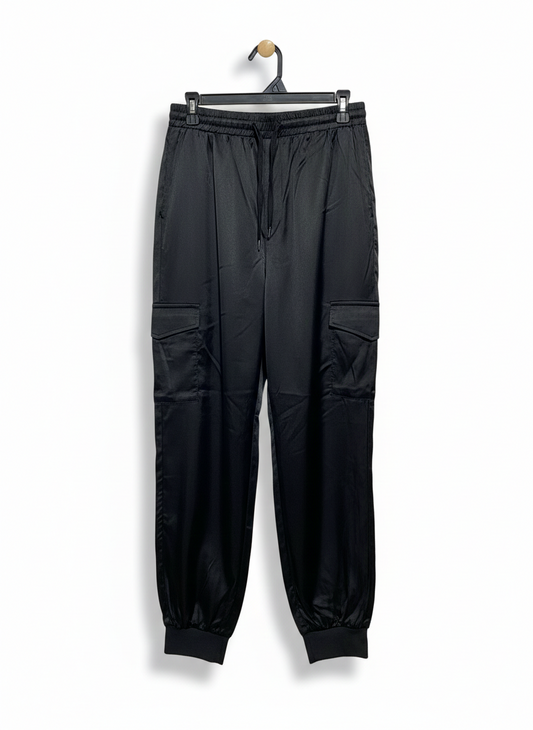 SHEIN |L| WAIST 29| C8| BLACK SATIN CARGO JOGGERS WITH ELASTIC DRAWSTRING WAIST