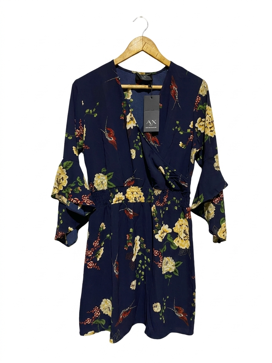AX PARIS |M| BUST 19| B10| WOMEN’S FLORAL & BIRD PRINT NAVY BLUE WRAP MINI DRESS