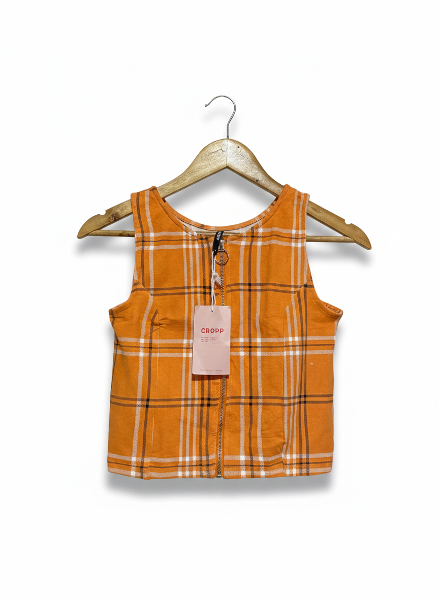 CROPP |M| BUST 15| ORANGE PLAID ZIP-UP CROP TOP