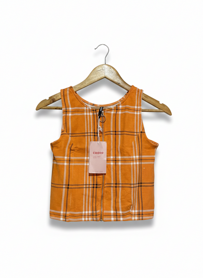 CROPP |M| BUST 15| ORANGE PLAID ZIP-UP CROP TOP