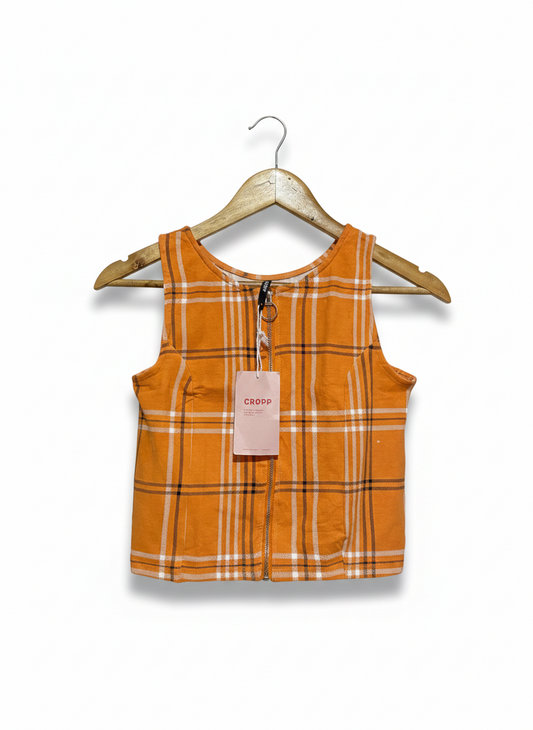 CROPP |M| BUST 15| ORANGE PLAID ZIP-UP CROP TOP