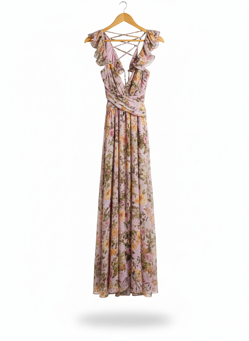 SHEIN VCAY|L|BUST 15|FLORAL PRINT CROSS-BACK RUFFLE MAXI DRESS