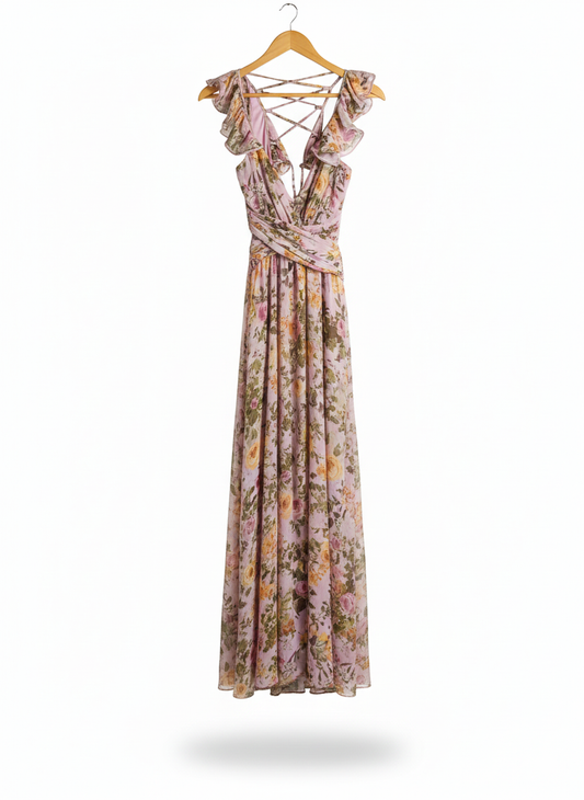 SHEIN VCAY|L|BUST 15|FLORAL PRINT CROSS-BACK RUFFLE MAXI DRESS