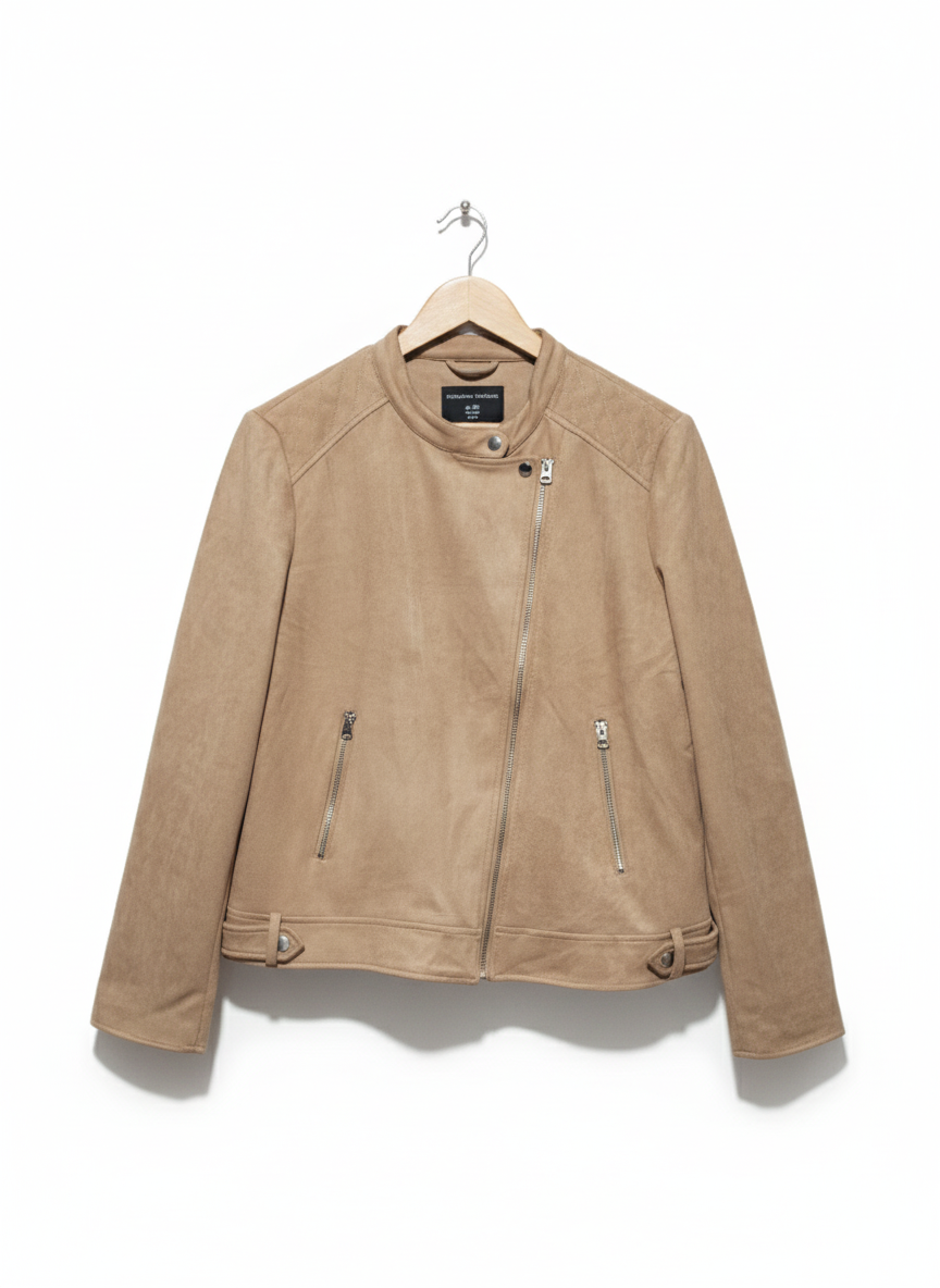 Dorothy Perkins Tan Soft Faux Leather Suede Zip Biker Bomber Jacket Size UK 18 / W-23/ L-24