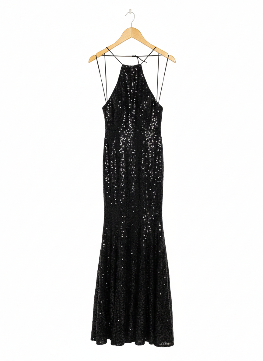 MISS ANNE |S| BUST 15| STUNNING BLACK HALTER-NECK SEQUIN MAXI GOWN WITH OPEN BACK
