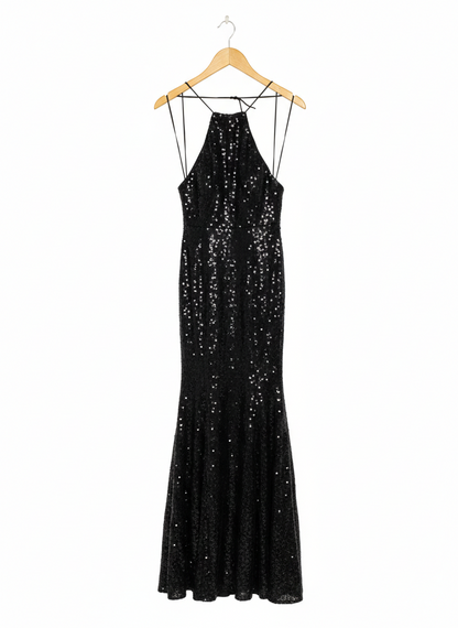 MISS ANNE |S| BUST 15| STUNNING BLACK HALTER-NECK SEQUIN MAXI GOWN WITH OPEN BACK