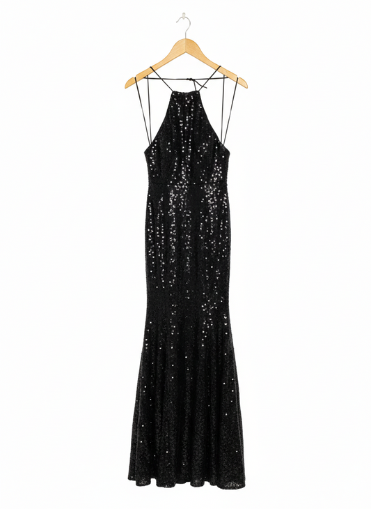 MISS ANNE |S| BUST 15| STUNNING BLACK HALTER-NECK SEQUIN MAXI GOWN WITH OPEN BACK