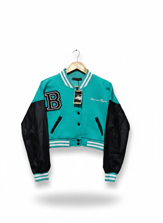 CASUAL COLLECTION|S|BUST 22|TEAL AND BLACK CROPPED VARSITY JACKET