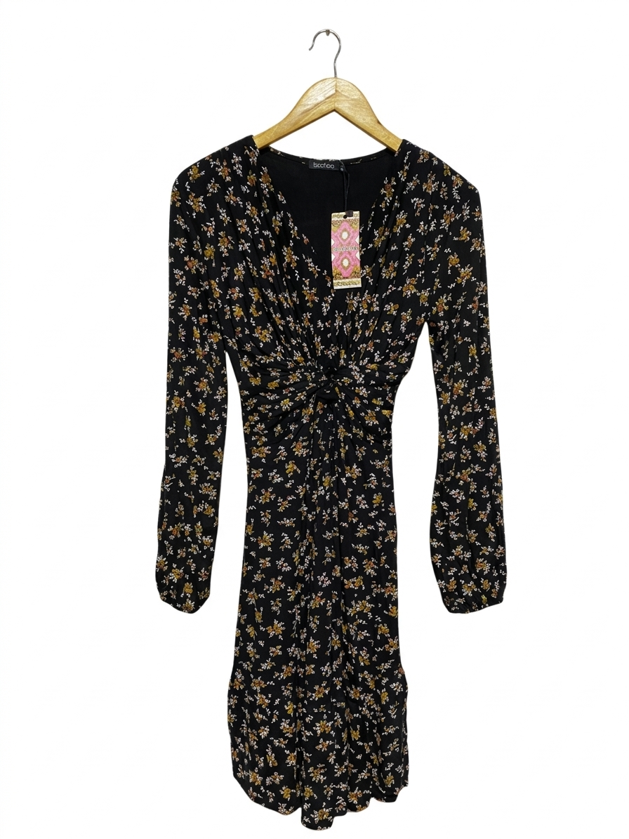 BOOHOO |S| BUST 17| B8| WOMEN'S KNOT FRONT LONG SLEEVE FLORAL MINI DRESS - BLACK