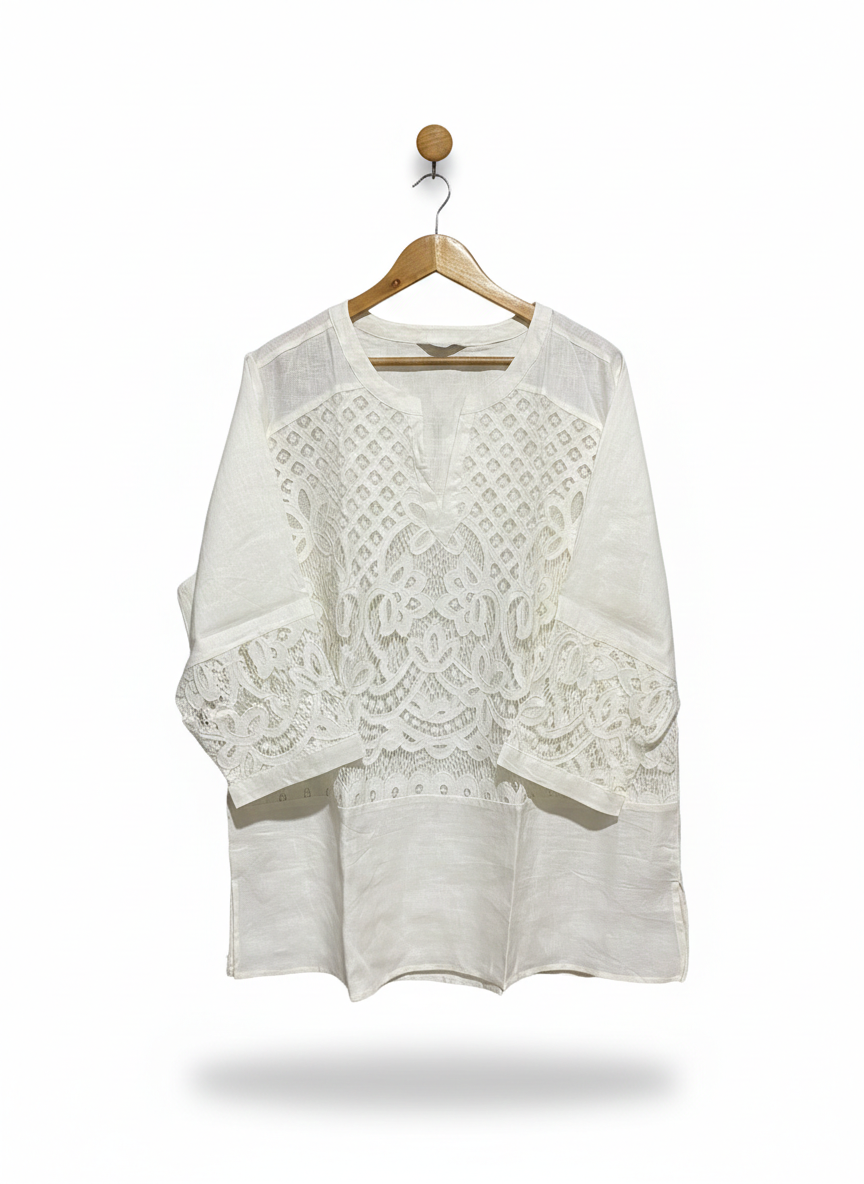 MARLOWE |XL| BUST 25| ELEGANT V-NECK 3/4 SLEEVE COTTON BLOUSE WITH INTRICATE CROCHET DETAILING