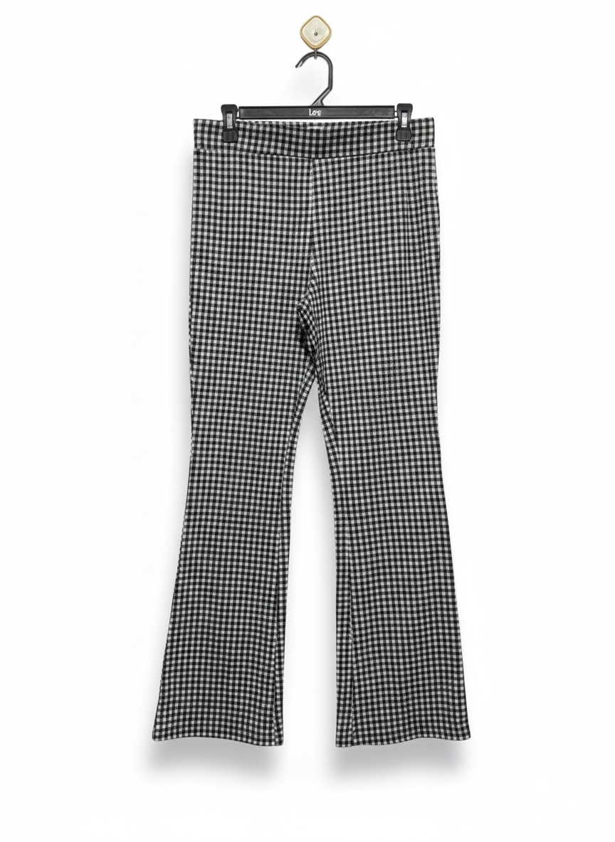 ANKO |L| WAIST 30|C1|WOMEN'S HIGH-WAISTED GINGHAM FLARE PANTS - BLACK & WHITE