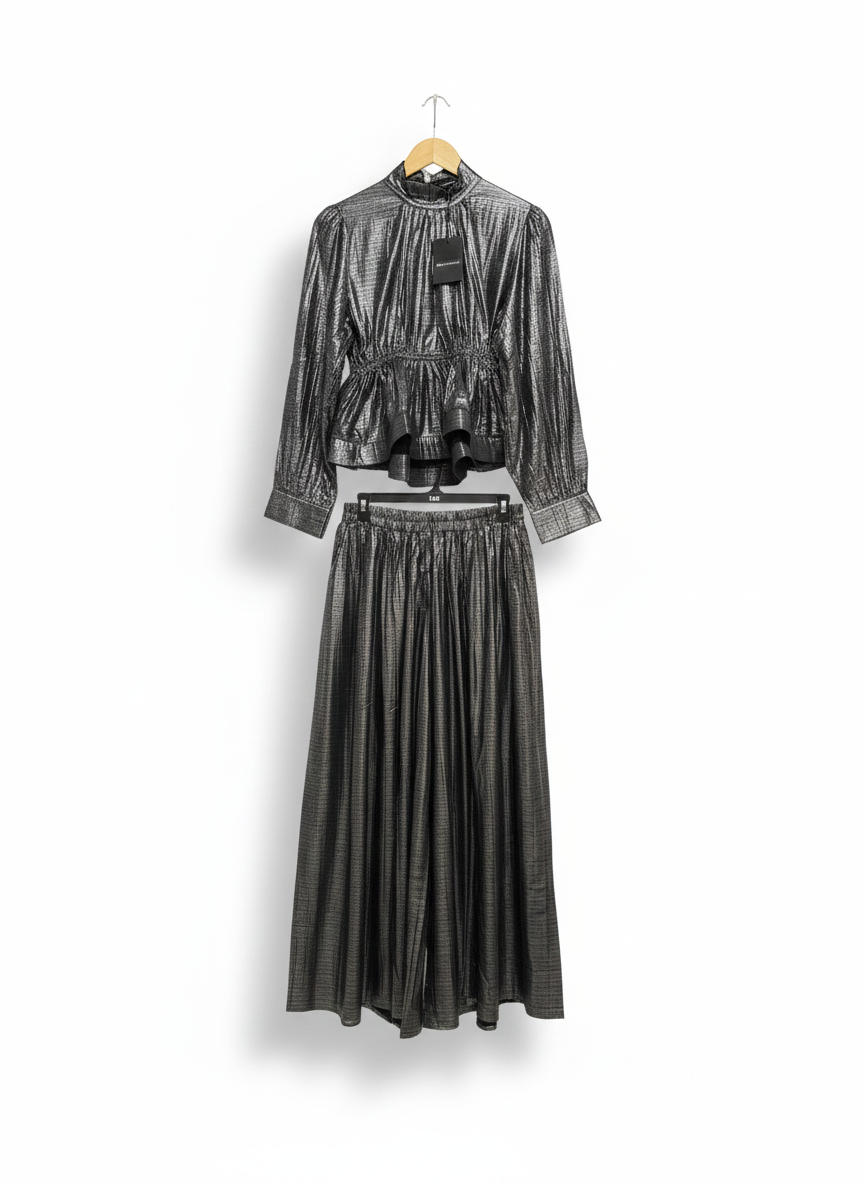 BEULAH STYLE |L| Cordia Gathered Metallic Georgette Peplum Blouse Asymmetrical Pleated Skirt