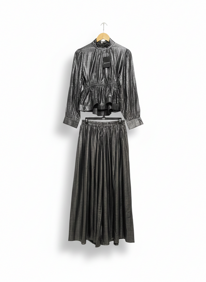 BEULAH STYLE |L| Cordia Gathered Metallic Georgette Peplum Blouse Asymmetrical Pleated Skirt