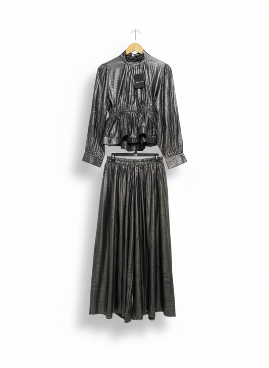 BEULAH STYLE |L| Cordia Gathered Metallic Georgette Peplum Blouse Asymmetrical Pleated Skirt