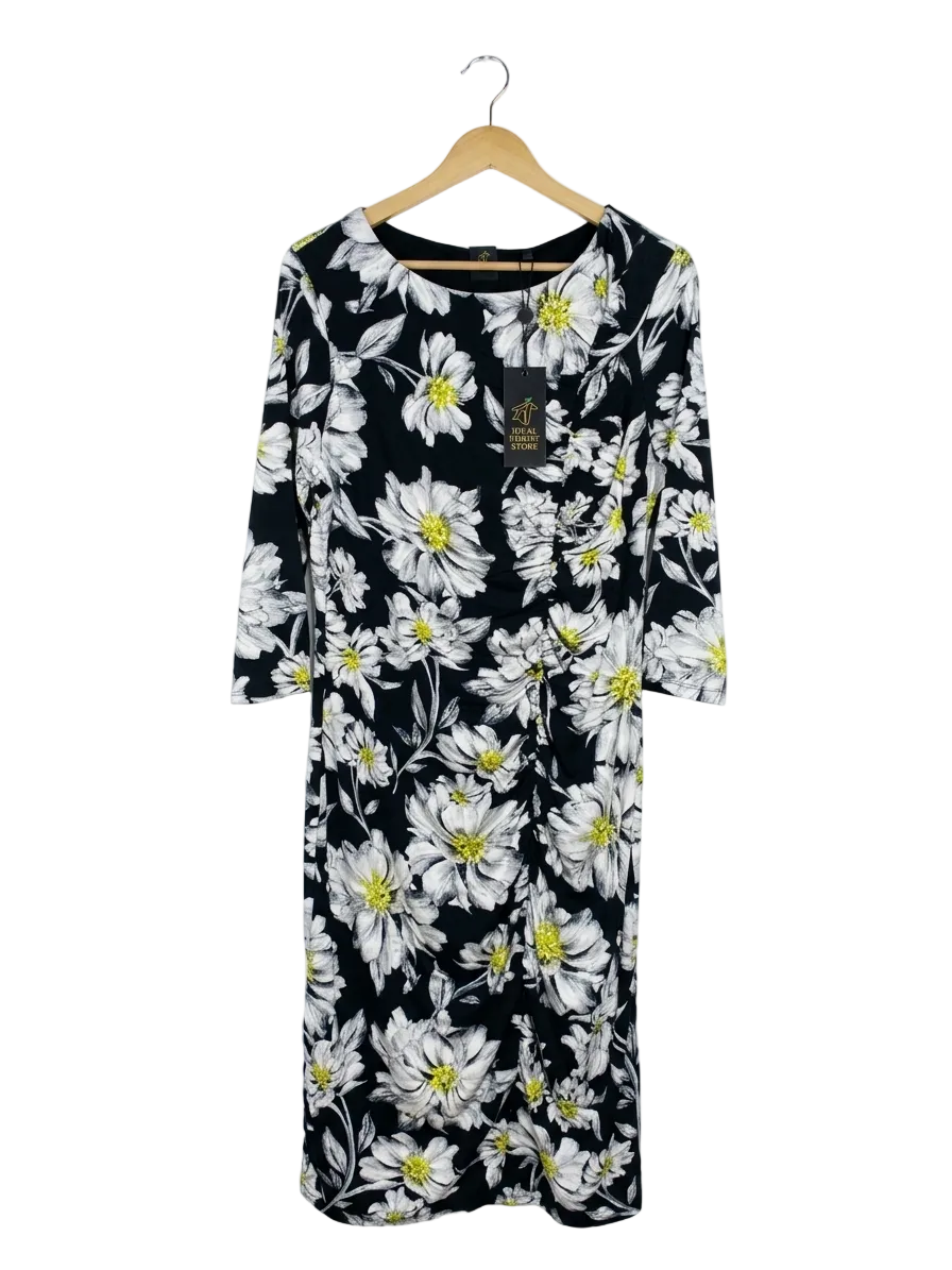 D L |L| BUST 19| B20| ELEGANT BLACK FLORAL RUCHE FRONT MIDI DRESS