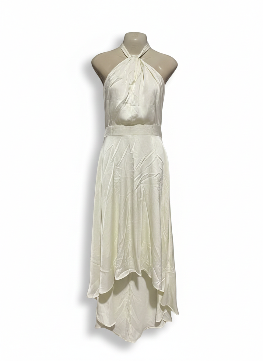 ESTHER LUXE |M| BUST 17| ELEGANT IVORY HALTER NECK MIDI DRESS WITH DRAMATIC HIGH-LOW HEMLINE