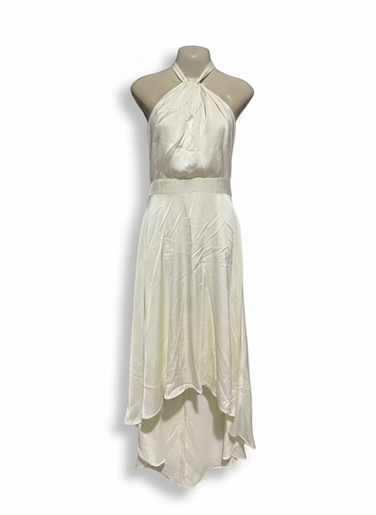 ESTHER LUXE |M| BUST 17| ELEGANT IVORY HALTER NECK MIDI DRESS WITH DRAMATIC HIGH-LOW HEMLINE