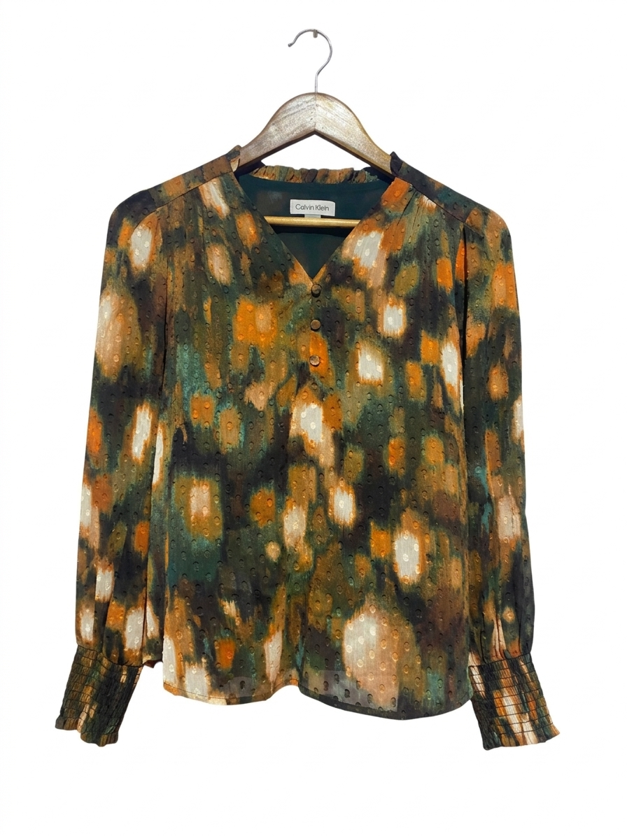 CALVIN KLEIN |L| BUST 18| B9| ABSTRACT PRINT CLIP-DOT CHIFFON BLOUSE