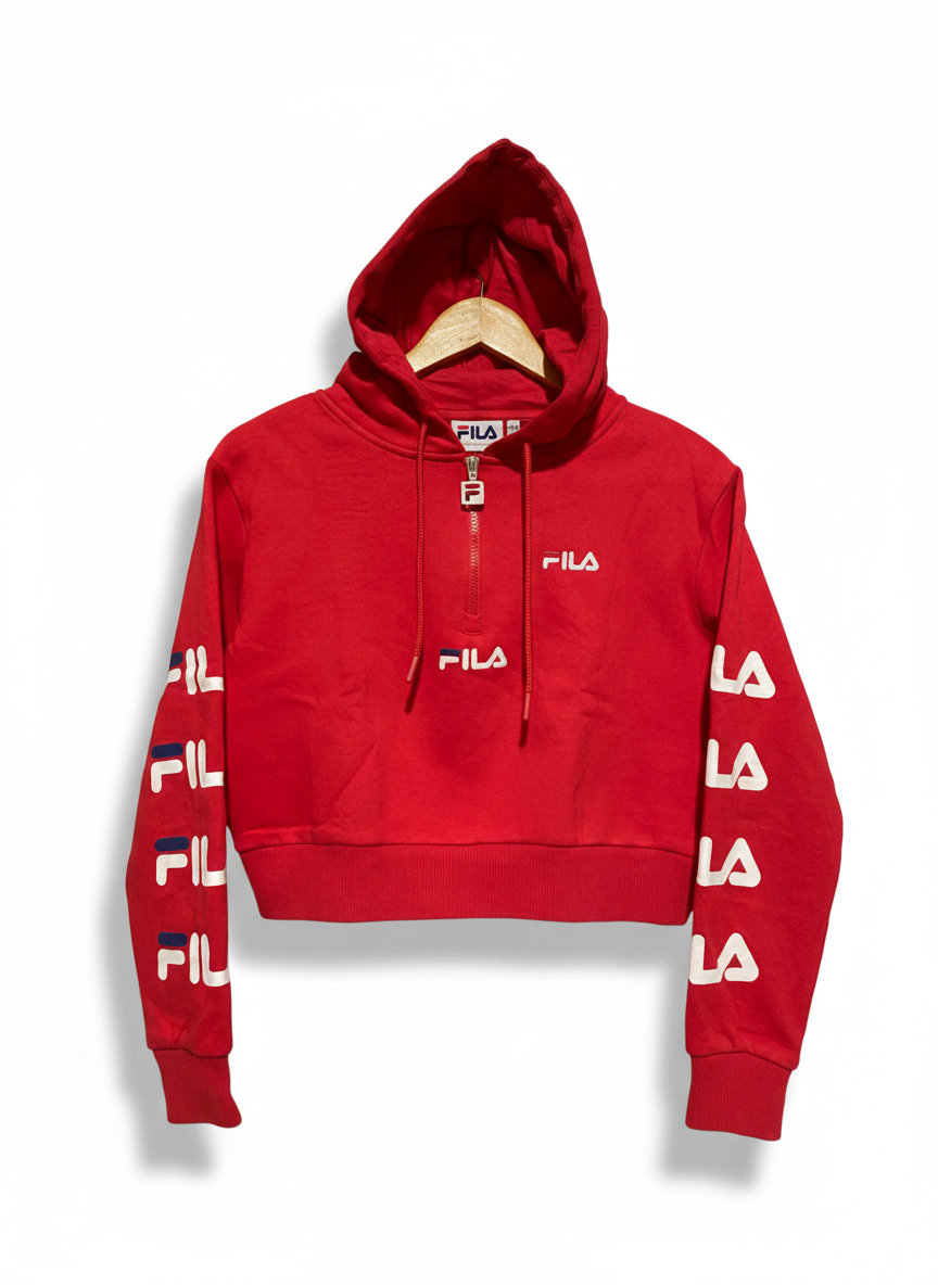FILA |XS| BUST 20| WOMEN'S RED QUARTER-ZIP CROPPED GRAPHIC HOODIE