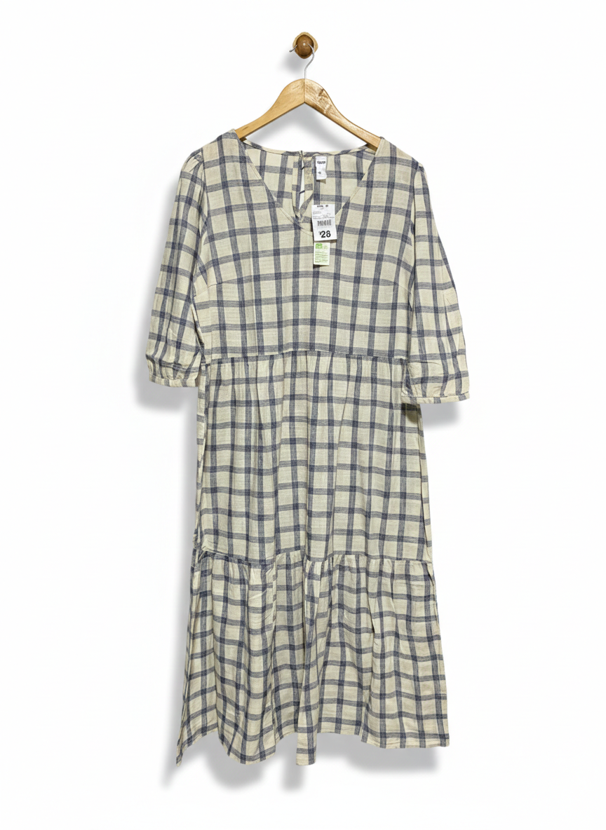 ANKO |M| BUST 20| WOMEN’S V-NECK TIERS MIDI SMOCK DRESS - TIMELESS NAVY AND BEIGE CHECKERED PRINT