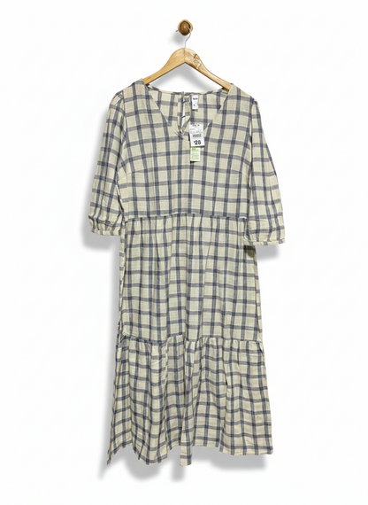 ANKO |M| BUST 20| WOMEN’S V-NECK TIERS MIDI SMOCK DRESS - TIMELESS NAVY AND BEIGE CHECKERED PRINT