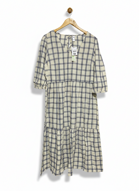 ANKO |M| BUST 20| WOMEN’S V-NECK TIERS MIDI SMOCK DRESS - TIMELESS NAVY AND BEIGE CHECKERED PRINT