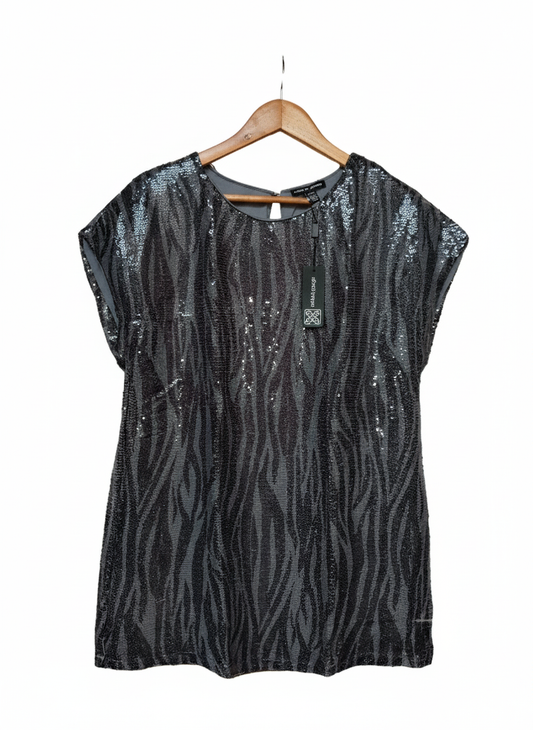 Cable and Gauge Sequin Zebra Print Blouse Sz M Black Gray Short Sleeve Top Shirt W-18 / L-28