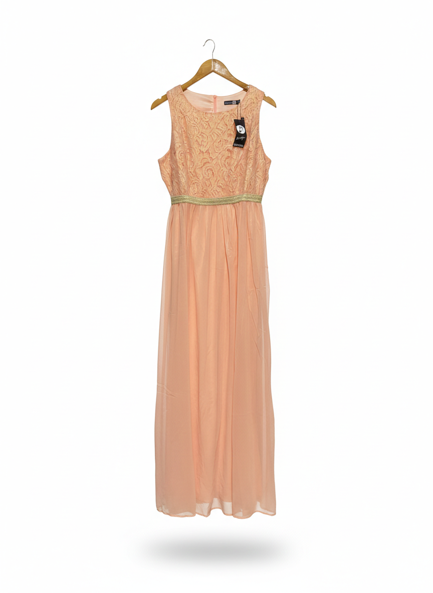 BOOHOO |L| BUST 17| C3| PEACH LACE BODICE MAXI DRESS WITH GOLD WAISTBAND