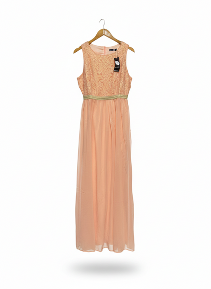 BOOHOO |L| BUST 17| C3| PEACH LACE BODICE MAXI DRESS WITH GOLD WAISTBAND