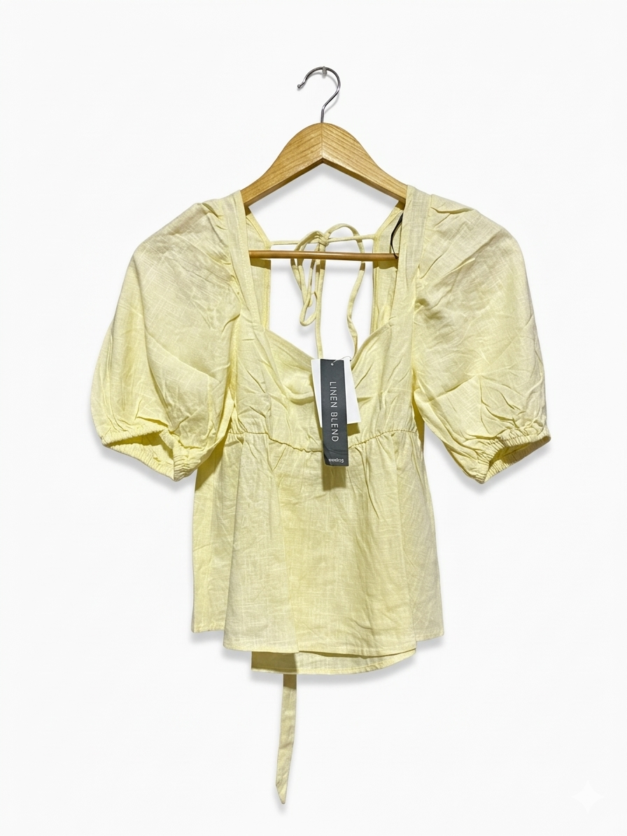 H&M |S| BUST 14| B8| LINEN BLEND PUFF SLEEVE TIE-BACK TOP IN LEMON YELLOW
