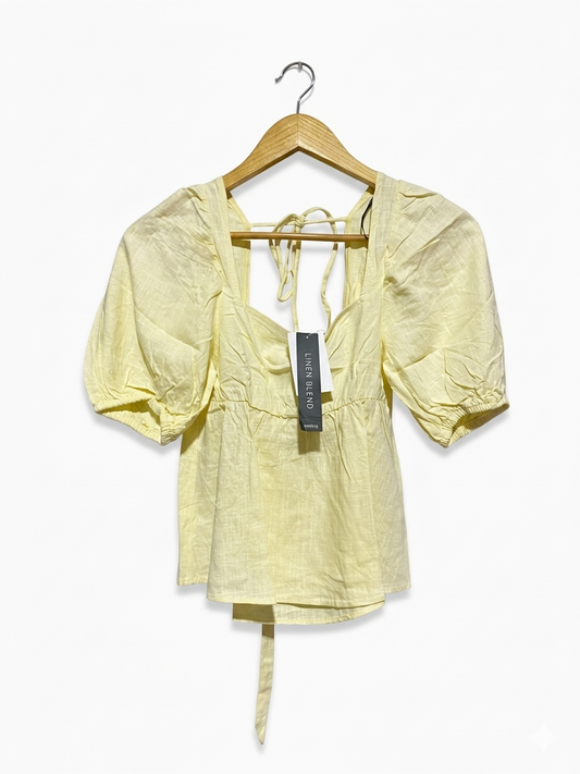 H&M |S| BUST 14| B8| LINEN BLEND PUFF SLEEVE TIE-BACK TOP IN LEMON YELLOW