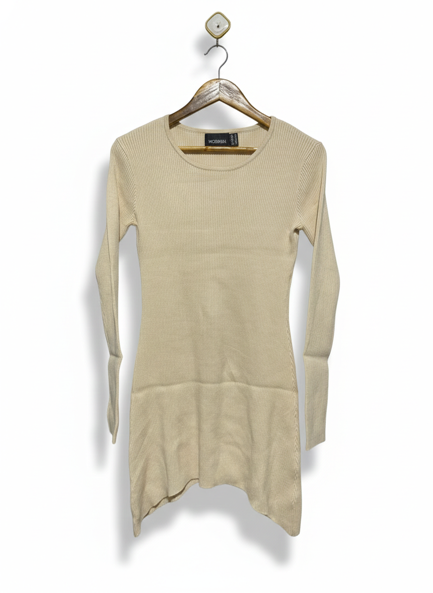 MOSSMAN |M| BUST 15| Beige Long-Sleeve Ribbed Mini Dress