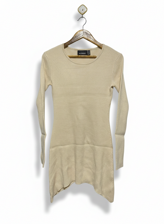 MOSSMAN |M| BUST 15| Beige Long-Sleeve Ribbed Mini Dress