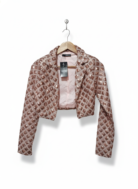 QUIZ|XS|BUST 15.5|LADIES ROSE GOLD SEQUIN CROPPED JACKET