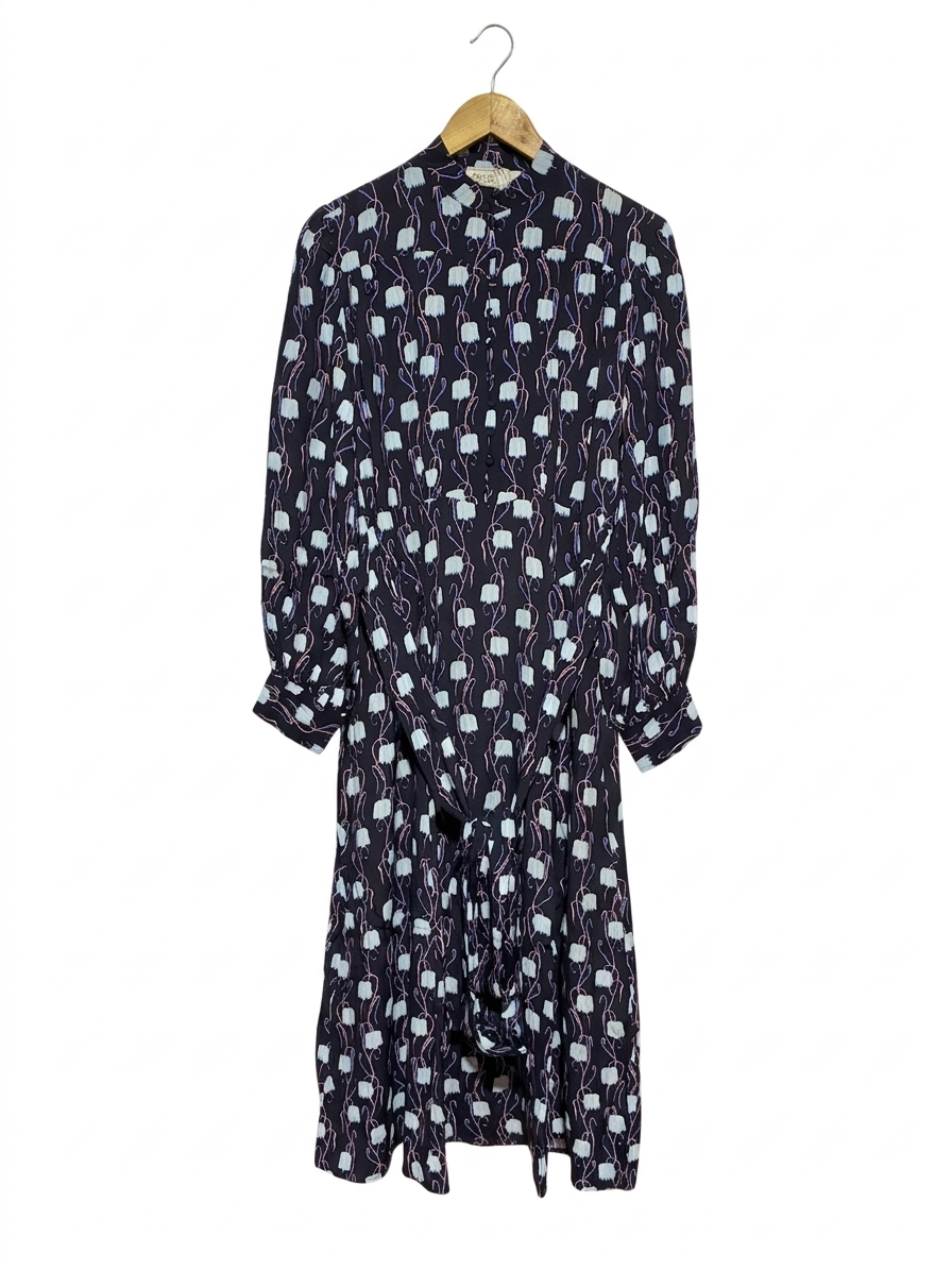PRIMROSE |L| BUST 22| B7| ELEGANT NAVY FLORAL PRINT MOCK NECK MIDI DRESS WITH WAIST TIE