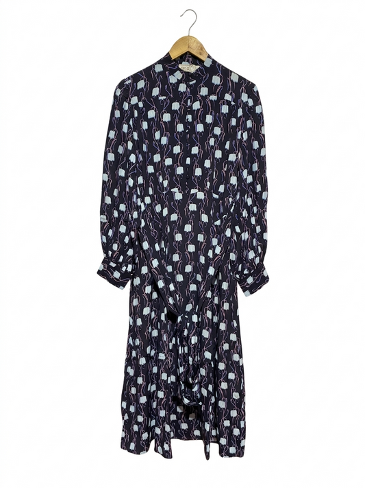PRIMROSE |L| BUST 22| B7| ELEGANT NAVY FLORAL PRINT MOCK NECK MIDI DRESS WITH WAIST TIE