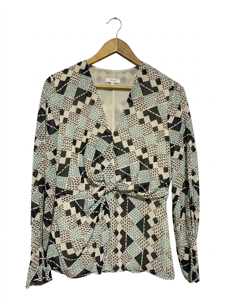 REISS |M| BUST 19| B13| GEOMETRIC PRINT KNOT-FRONT BLOUSE