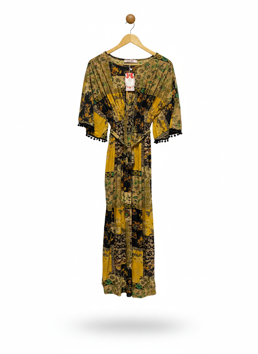 KELLY ENIE |M| B3| BUST FREE|  MUSTARD BOHEMIAN PATCHWORK MAXI DRESS