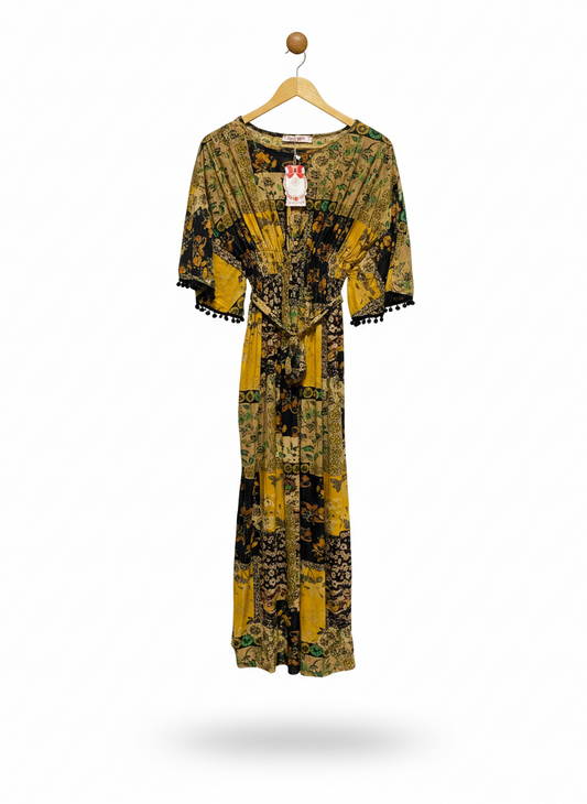 KELLY ENIE |M| B3| BUST FREE|  MUSTARD BOHEMIAN PATCHWORK MAXI DRESS