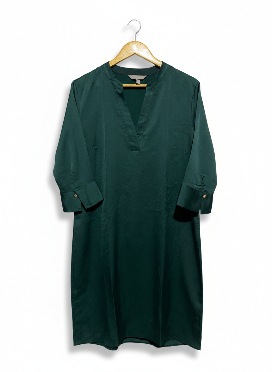 H&M |M| BUST 19| C3| PREMIUM HUNTER GREEN SATIN TUNIC – ELEGANT V-NECK 3/4 SLEEVE BLOUSE WITH NOTCHED CUFFS