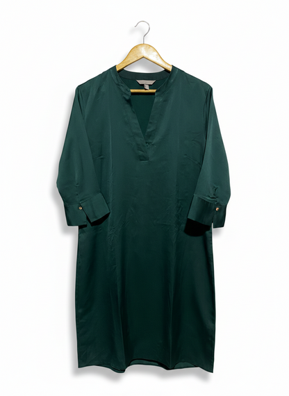 H&M |M| BUST 19| C3| PREMIUM HUNTER GREEN SATIN TUNIC – ELEGANT V-NECK 3/4 SLEEVE BLOUSE WITH NOTCHED CUFFS