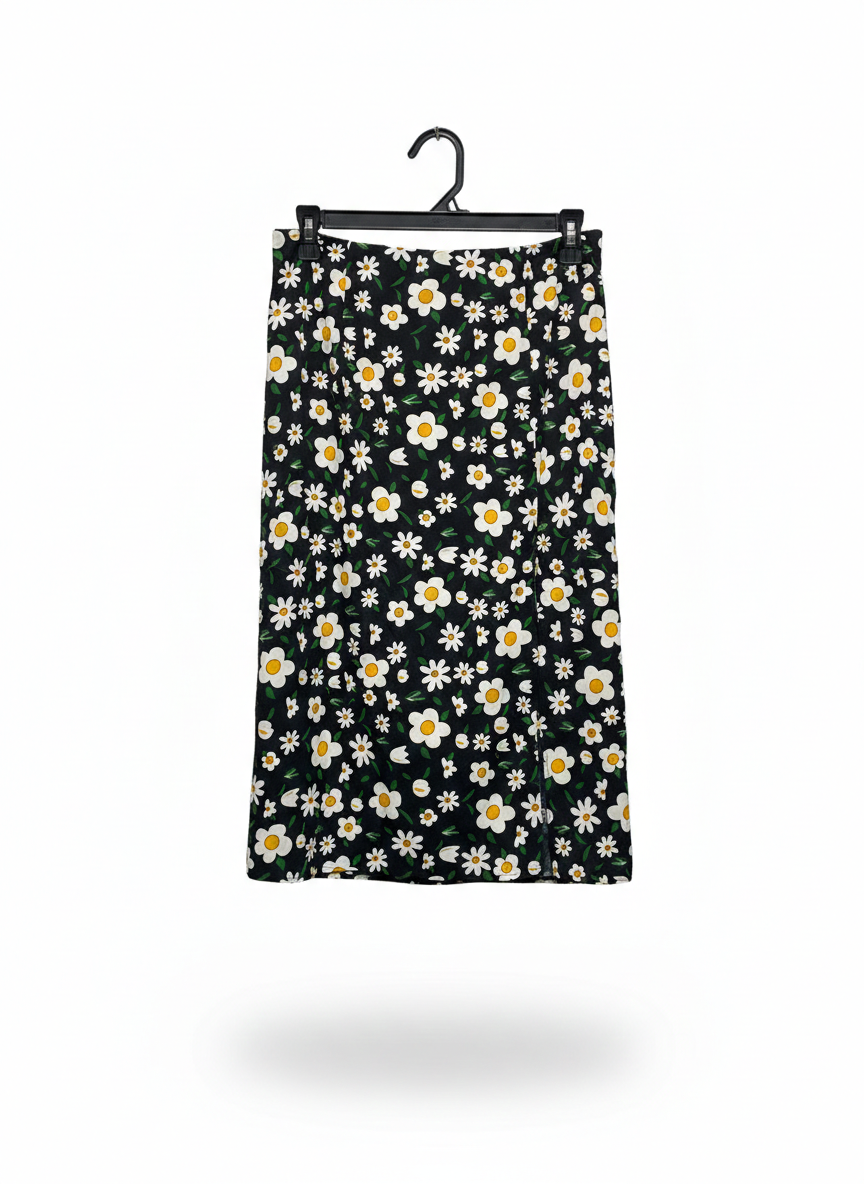 BOOHOO |M| WAIST 28| C6| WOMEN'S DAISY PRINT MIDI SKIRT IN BLACK AND WHITE