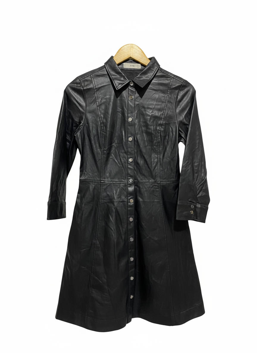 MNG|S|BUST 17| Black Vegan Leather Button Front Long Sleeve Dress
