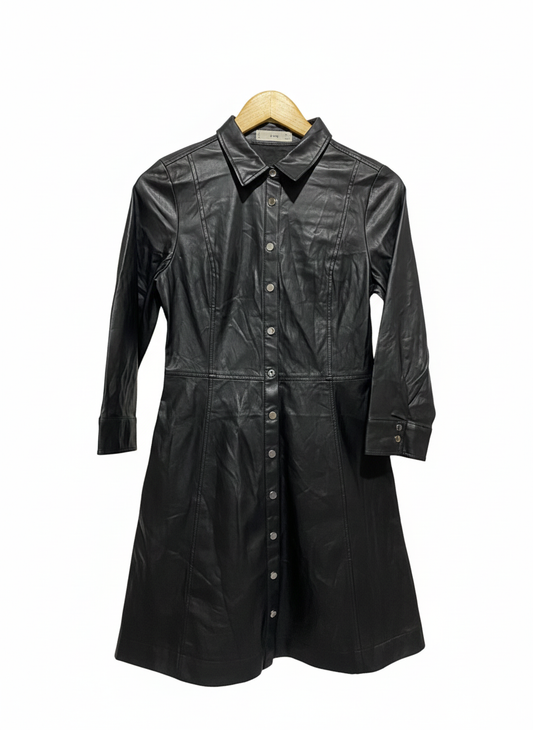 MNG|S|BUST 17| Black Vegan Leather Button Front Long Sleeve Dress