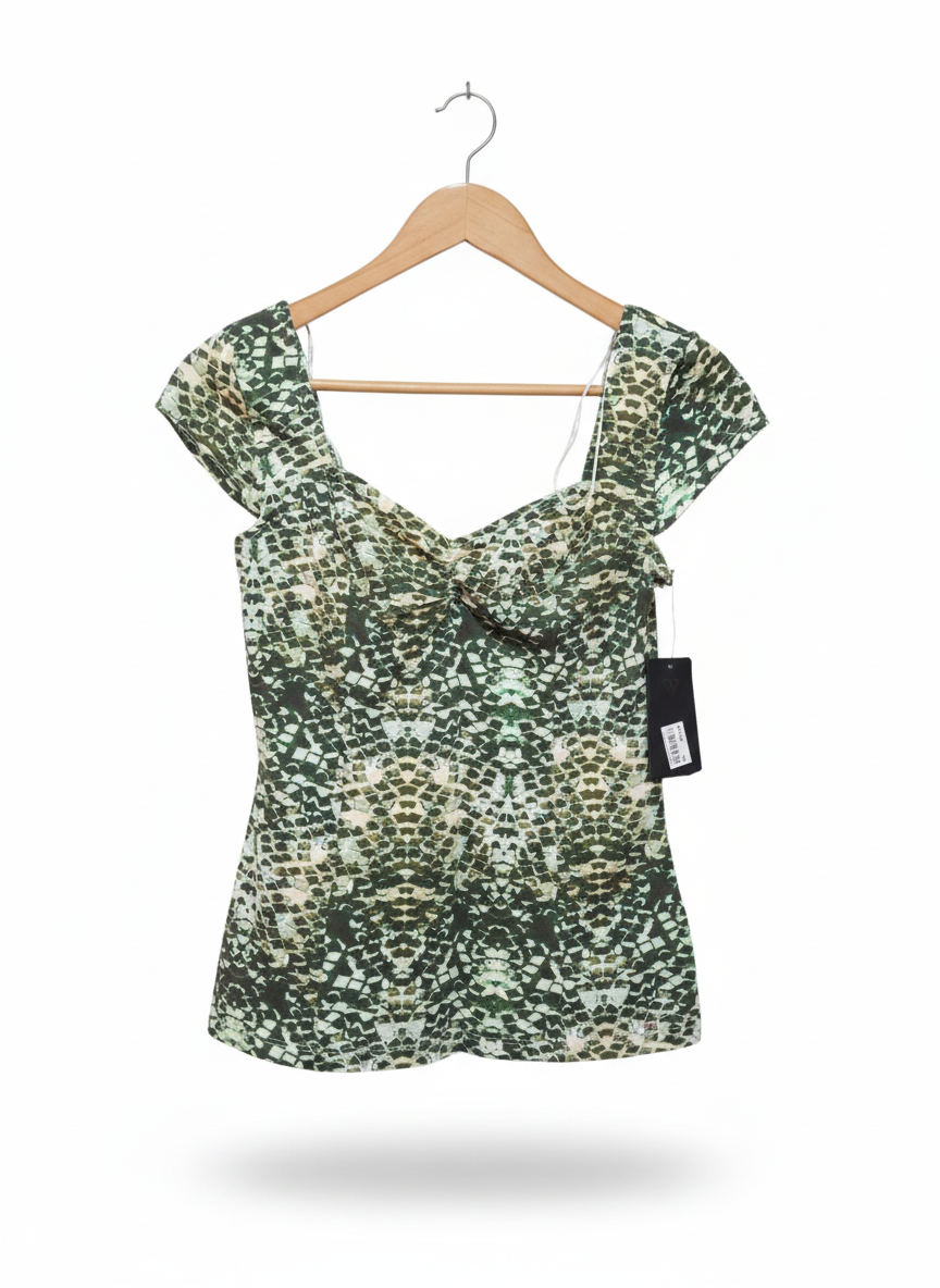 GUESS|M|BUST 15|Green & White Printed Sweetheart Neck Top