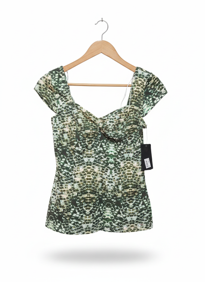 GUESS|M|BUST 15|Green & White Printed Sweetheart Neck Top