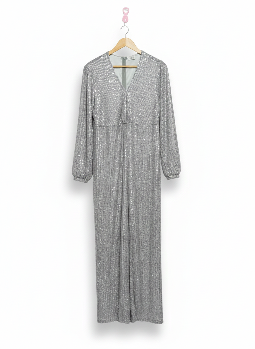 SILVER SEQUIN LONG SLEEVE WIDE LEG JUMPSUIT|XXL|BUST 20